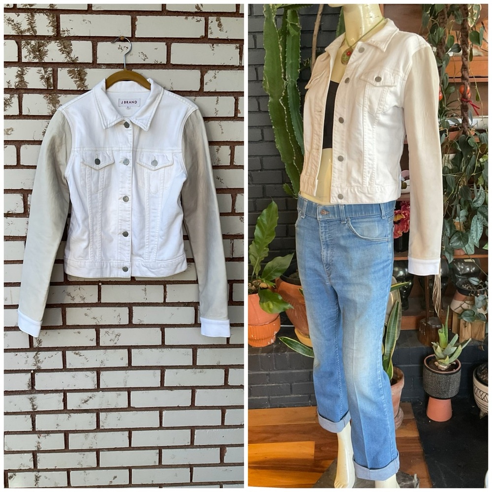J Brand Lamb Leather Denim Jacket in White Stone Size Small